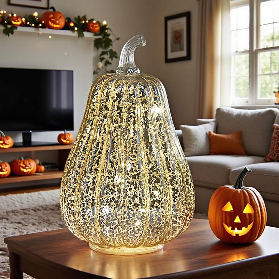 How to Decorate Aith Silver Mercury Glass Lighted Pumpkins